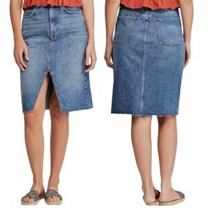 WE THE FREE Suzanne Denim Midi Skirt 4 Indigo Blue Western Raw Hem Distressed